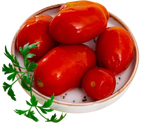 Placa Con Tomates Escabeche Caseros Decorados Con Perejil Aislado Sobre — Foto de Stock