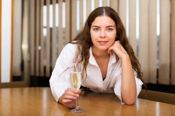 Cheerful Young Female White Blouse Glass Champagne Posing Modern Interior — Stock Photo, Image