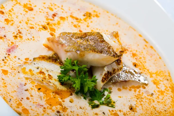 白い魚のポロックと緑のおいしいクリーミーなスープのイメージ — ストック写真