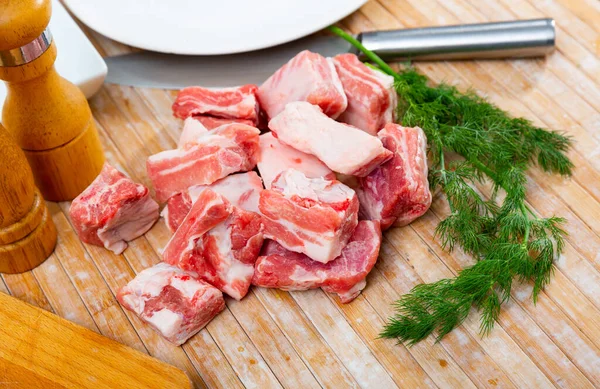 Pieces Fresh Uncooked Pork Ribs Wooden Table Kitchen — Stock Photo, Image