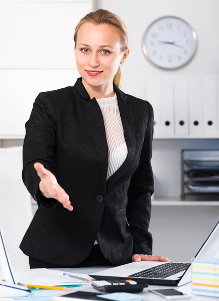 Smiling Female Black Suit Working Modern Office — Stock Photo, Image