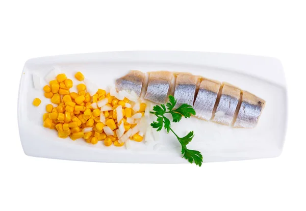 Sliced Herring Corn Herbs Rectangular Plate Healthy Food Isolated White — Stock Photo, Image