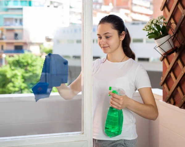 Attractive Smiling Young Woman Cleaning Wiping Window Spray Bottle Rag — Stock Photo, Image
