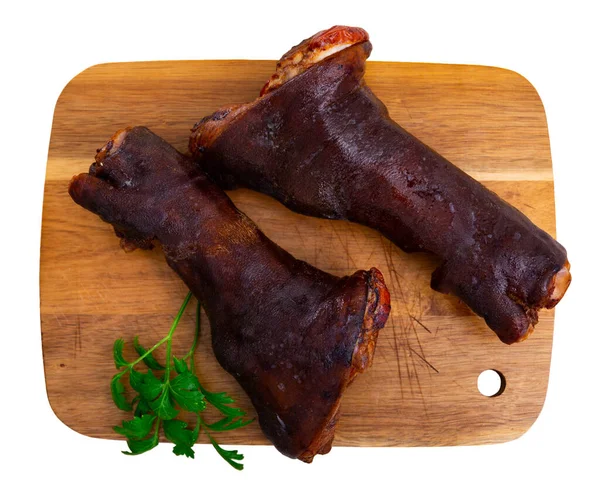 Smoked Pig Legs Wooden Board Heavy Unhealthy Diet Concept Picioare — Stock Photo, Image