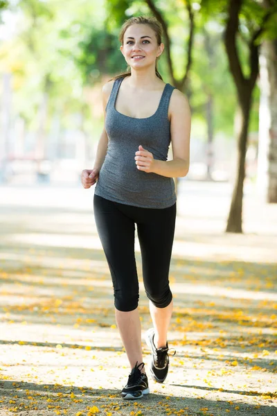 Young Happy French Female Sportwear Running Sunny Park — Stock Photo, Image