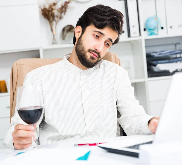 Positive Young Male Manager Glass Wine Working Office — Stock Photo, Image