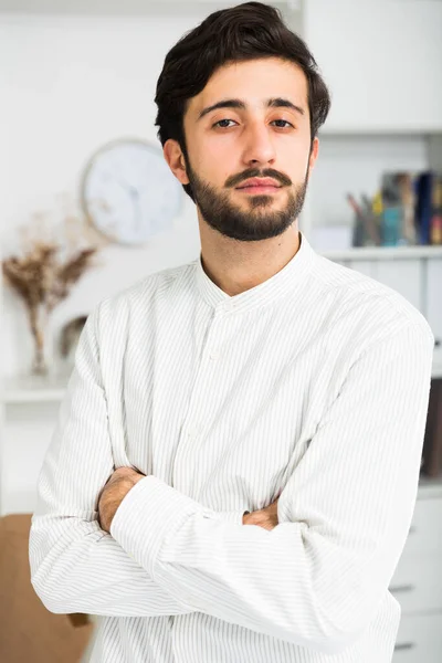 Confident Young Brunette Manager Light Shirt Office — Stock Photo, Image