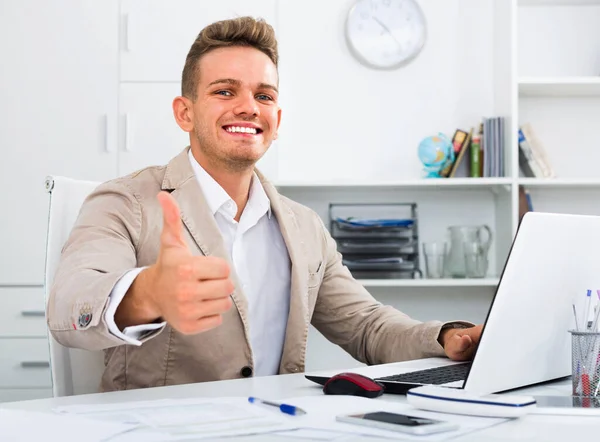 Portrait Happy Positive Businessman Showing Thumbs Modern Office — Stock Photo, Image
