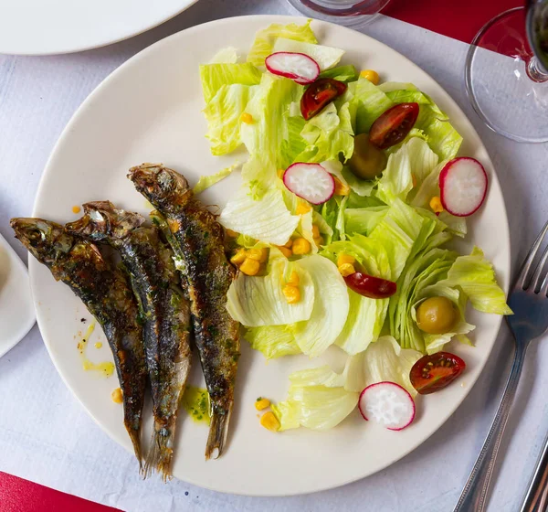 Deniz Ürünleri Sebze Salatasıyla Servis Edilen Iştah Açıcı Sardalyalar — Stok fotoğraf