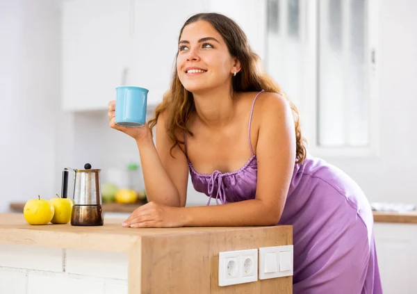 Portrait Smiling Girl Leaning Table Kitchen Drinking Coffee Woman Nightdress — Stock Photo, Image