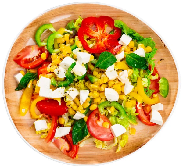 Deliciosa Salada Vegetal Leve Tomate Milho Enlatado Pimenta Queijo Feta — Fotografia de Stock