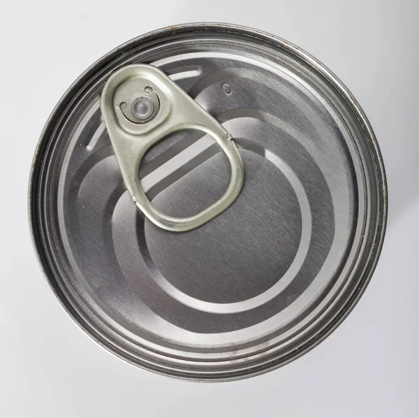 Canned Food Closeup View Closed Silver Tin Can — Stock Photo, Image