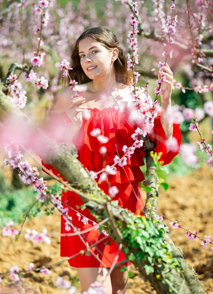 陽気な女の子ポーズでA赤ドレスで春開花前衛 — ストック写真