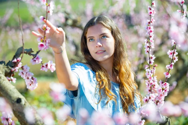 Bahar Bahçesindeki Kız Mavi Elbiseli Şeftali — Stok fotoğraf