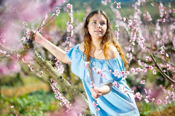 Дівчина Весняному Саду Персик Блакитній Сукні — стокове фото