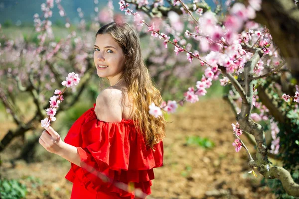 Positieve Mooie Europese Vrouw Rode Jurk Staan Buurt Bloeiende Perzik — Stockfoto