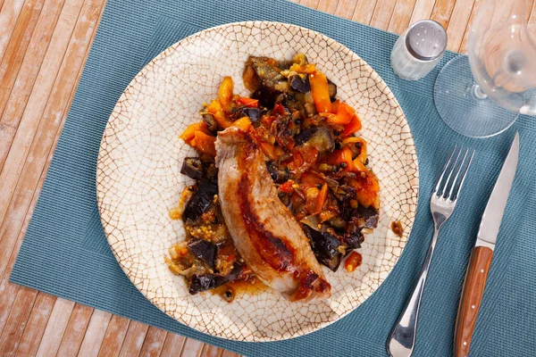 Appetizing Roasted Pork Loin Served Vitamin Vegetable Garnish Baked Eggplants — Stock Photo, Image