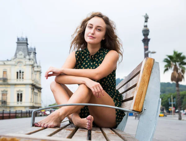 Attractive Girl Tourist Sitting Wooden Bench Thinking Center Barcelona Spain — Stock Photo, Image