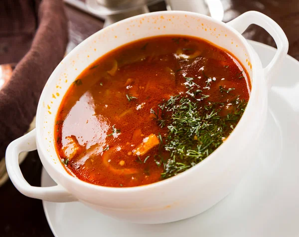 新鮮なハーブを添えて肉 オリーブ キュウリのスープにおいしいソラヤンカ — ストック写真