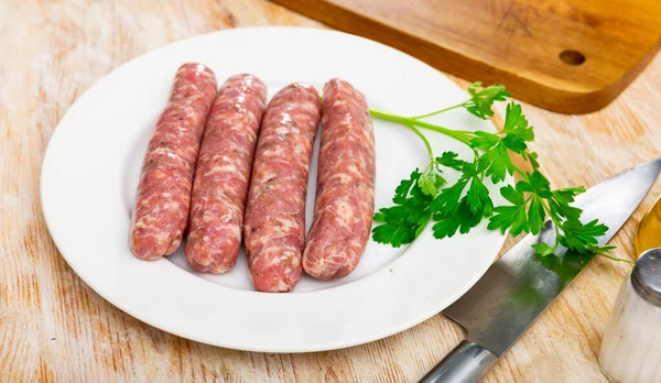 Traditional Spanish Dish Butifarra Pork Sausage Mushrooms Plate Herbs Cutlery — Stock Photo, Image