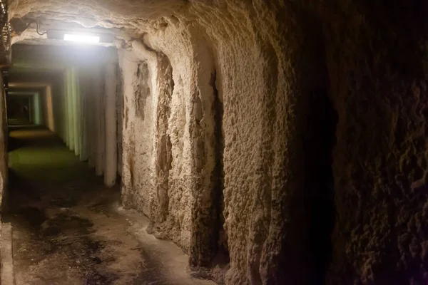 Empty Illuminated Long Tunnels Old Mines — Stock Photo, Image