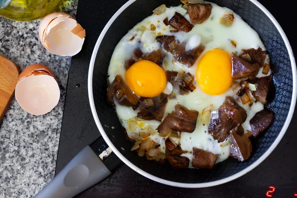 Eggs Mushrooms Frying Pan Kitchen Nobody — Stock Photo, Image