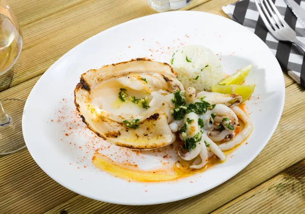 Dish Mediterranean Cuisine Baked Oven Cuttlefish Rice Lemon Parsley — Stock Photo, Image