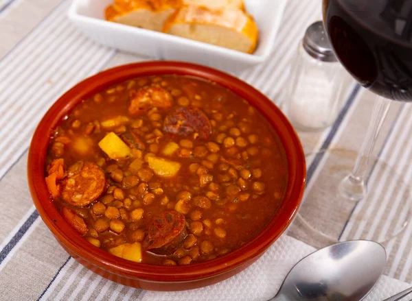 National Spanish Dish Lentejas Con Chorizo Beans Stewed Chorizo Bacon — Stock Photo, Image