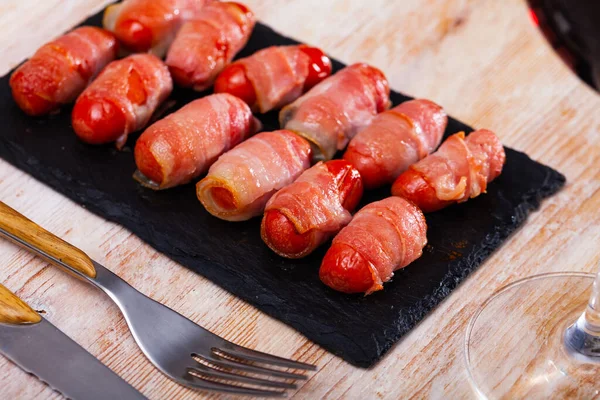 Spanish Tasty Meal Rolled Bacon Sausages Close — Stock Photo, Image