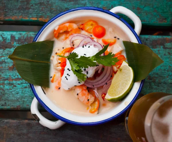 Top View Ceviche Vietnamese Style Served Bamboo Leaf Coconut Milk — Stock Photo, Image