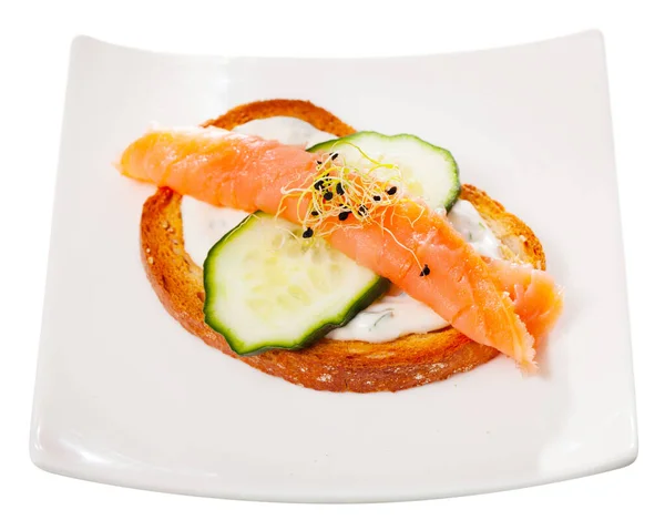 Delicious Toast Smoked Salmon Cucumber Creamy Sauce Greens Served White — Stock Photo, Image