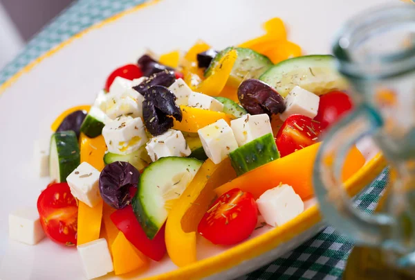 Fresh Greek Salad Fresh Vegetables Feta Cheese Olives Served Plate — Stock Photo, Image