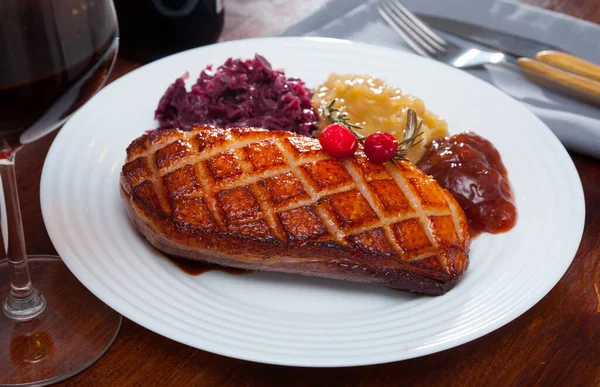 Tasty Roasted Duck Breast Magret Pickled Cabbage Herbs Sauces Plate — Stockfoto