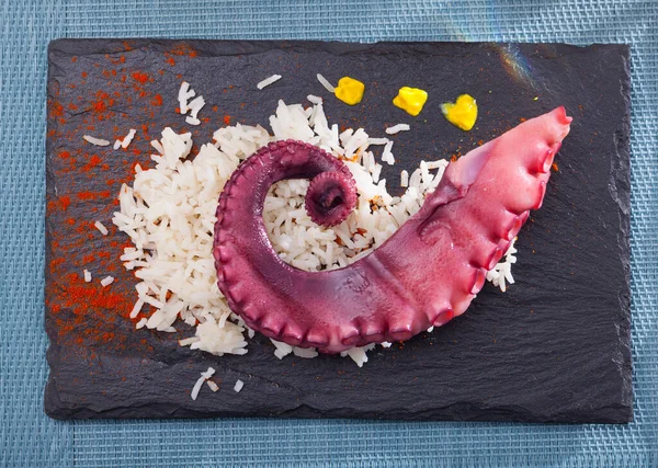 Boiled Octopus Rice Served Slate Paprika Sauce — Stock Photo, Image