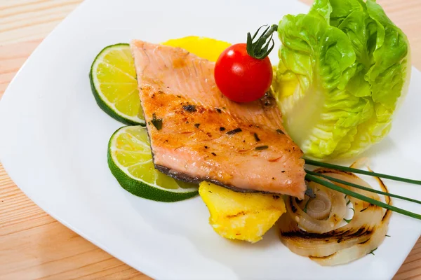 Delicious Baked Trout Fillet Served White Plate Potatoes Grilled Onion — Stock Photo, Image