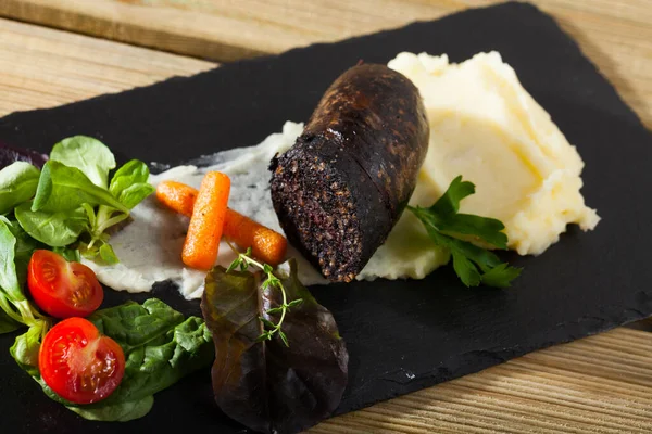 Delicious Catalan Blood Sausage Rice Garnish Mashed Potatoes Vegetables Greens — Stock Photo, Image