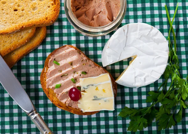 Fresh Homemade Meat Pate Toast Garnished Blue Cheese Cranberry Herbs — Stock Photo, Image