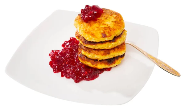 Stack Tasty Fried Quark Pancakes Served Berry Jam Plate Isolated — Stock Photo, Image