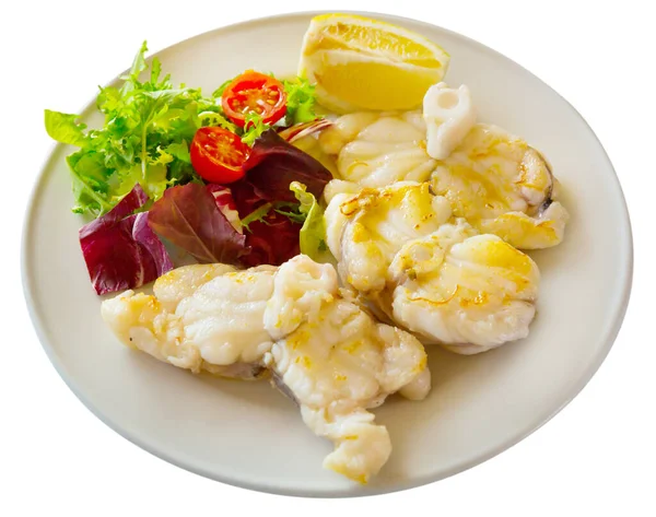 Healthy Dinner Baked White Fish Steak Lemon Greens Isolated White — Stock Photo, Image