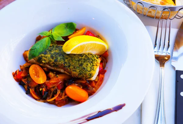Healthy Dinner Oven Baked Cod Fish Vegetables Fresh Basil Lemon — Stock Photo, Image