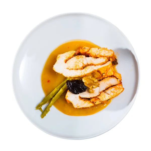 Top View Spicy Baked Turkey Breast Served Mango Sauce Prune — Stock Photo, Image