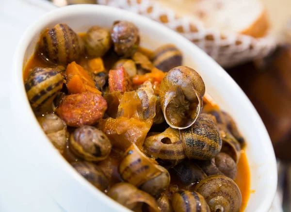 Homemade Gourmet Food Delicious Stewed Escargots Chorizo Sausages — Stock Photo, Image