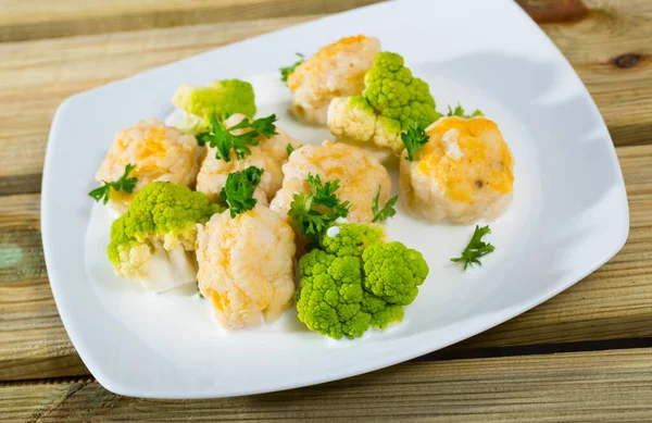 Cod Fish Croquettes Baked Oven Served Steamed Broccoli — Stock Photo, Image