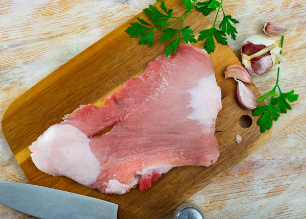 Preparation Raw Pork Secreto Fillet Parsley Kitchen Board — Stock Photo, Image