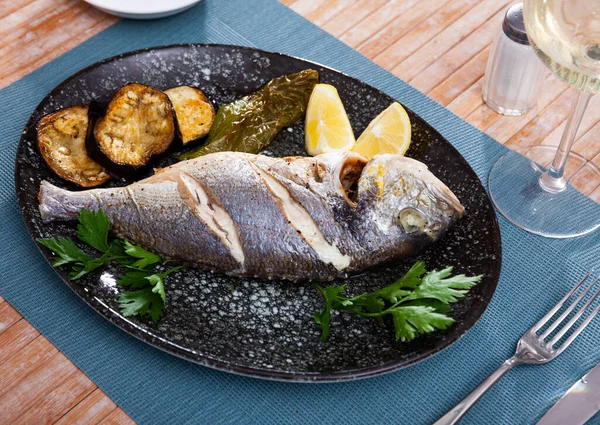 Delicious Grilled Gilthead Bream Dorada Served Dinner Baked Green Pepper — Stock Photo, Image