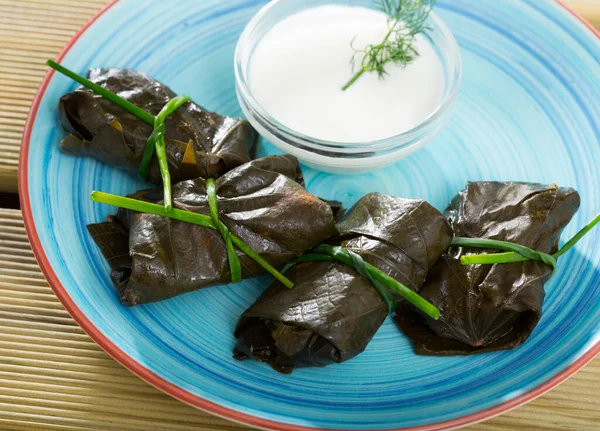 Grape Rolls Sarni Cooked Leaves Served Sour Cream Plate Bulgarian — Stock Photo, Image
