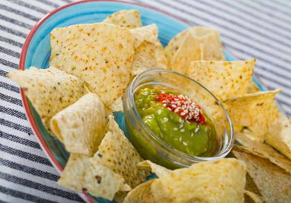 Delicious Salty Corn Chips Nachos Served Two Sauces Colored Dish — Stock Photo, Image