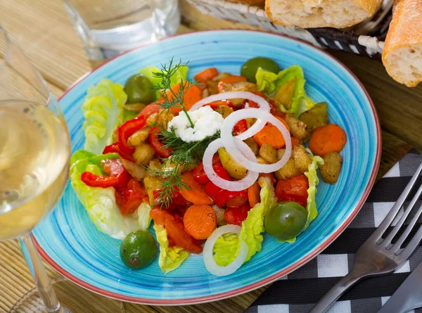 Warm Salad Baked Vegetables Blue Plate — Stock Photo, Image