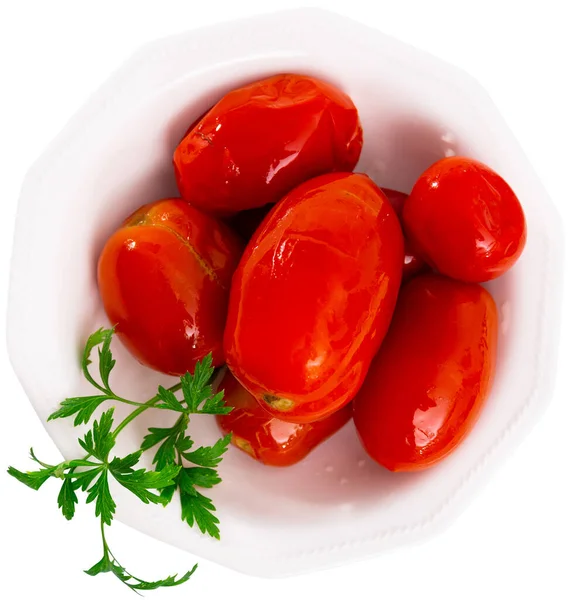 Juicy Marinated Tomatoes Served Plate Decorated Parsle Homemade Canning Pickled — Stock Photo, Image