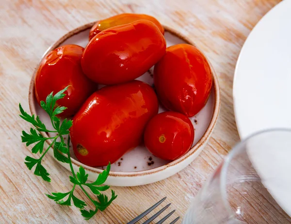 Juicy Marinated Tomatoes Served Plate Decorated Parsle Homemade Canning Pickled — Stock Photo, Image